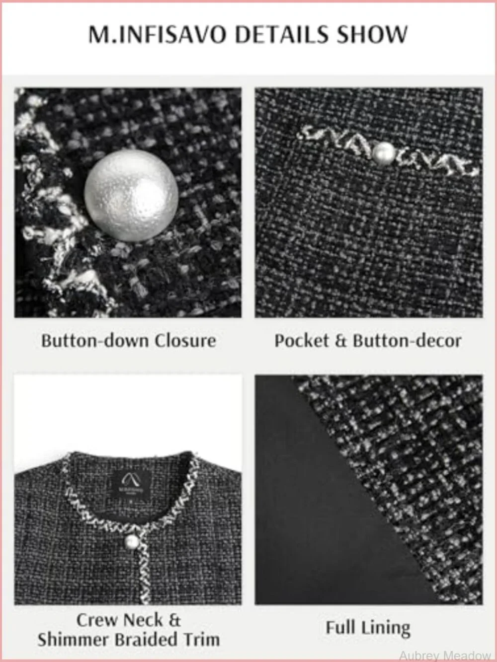 Cropped Tweed Blazer Jacket Long Sleeve with Pockets Crewneck Collarless Open